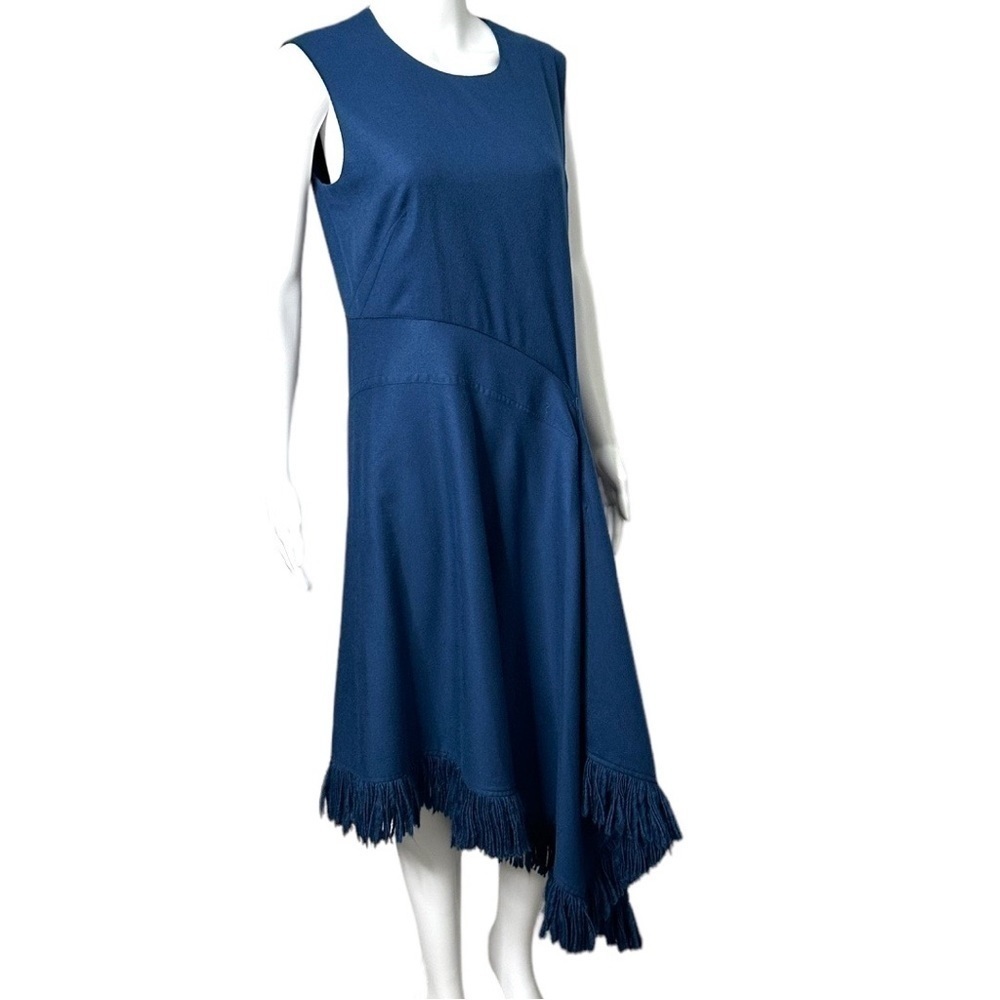 FERRAGAMO Cashmere Wool Asymmetric Fringed Midi Dress  Navy Blue NWT - Picture 4 of 11